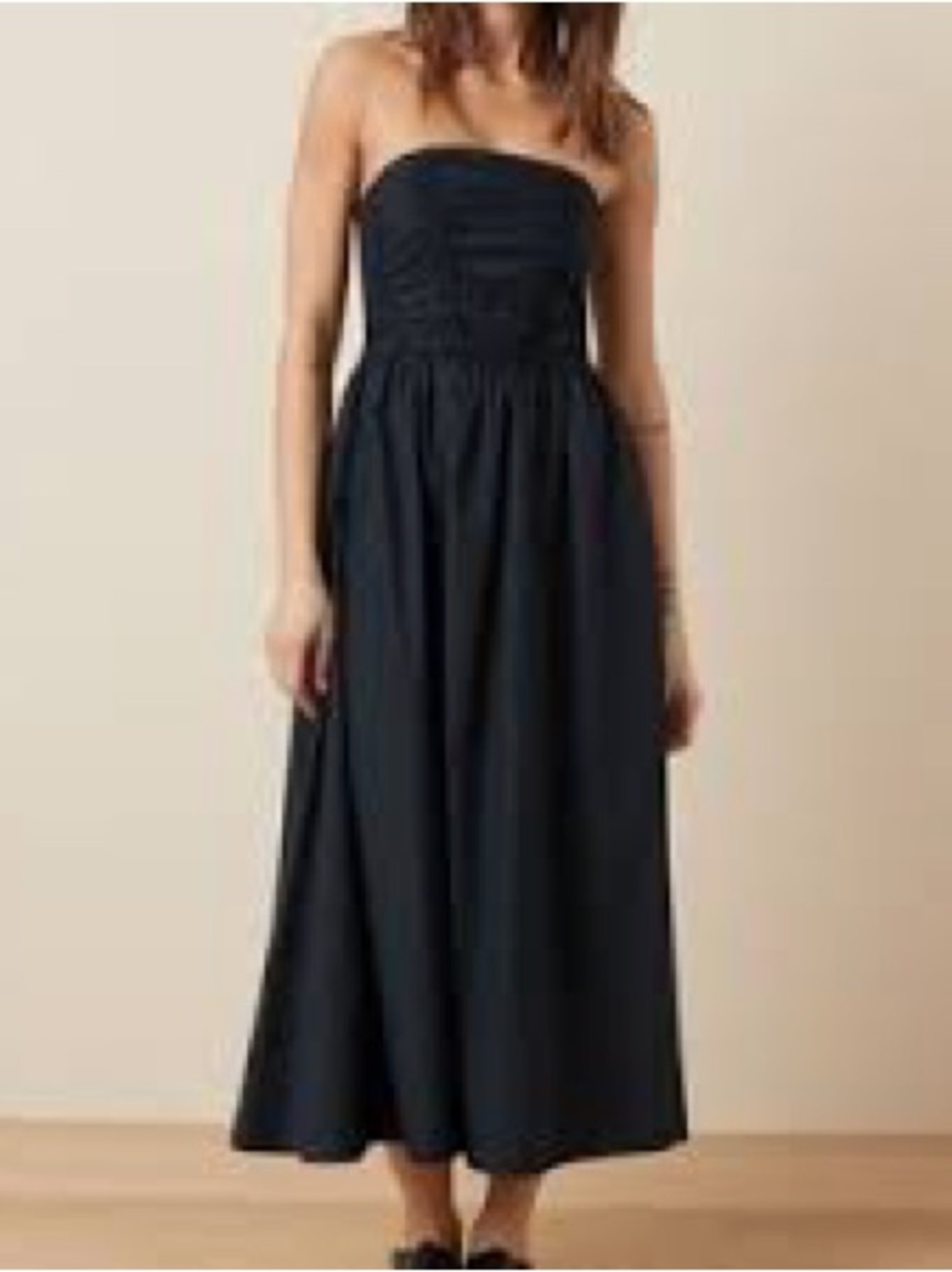 American Eagle Strapless Ruched Poplin Midi Dress in Black Sz XS